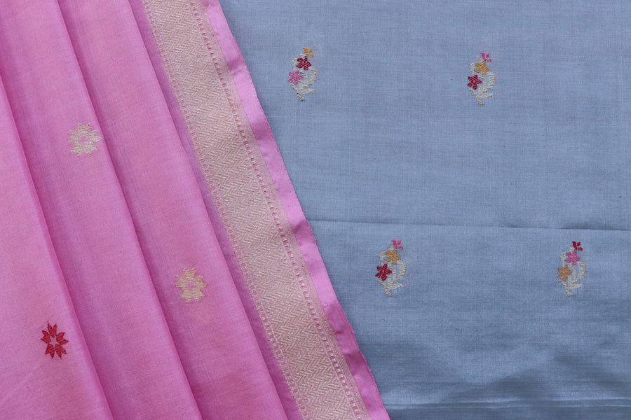 Grey and Pink Green Meenakari Buti Banarasi Silk By Cotton Suit Set – view 3