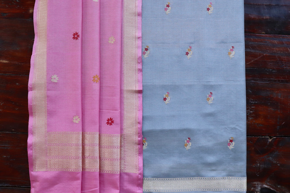 Grey and Pink Green Meenakari Buti Banarasi Silk By Cotton Suit Set