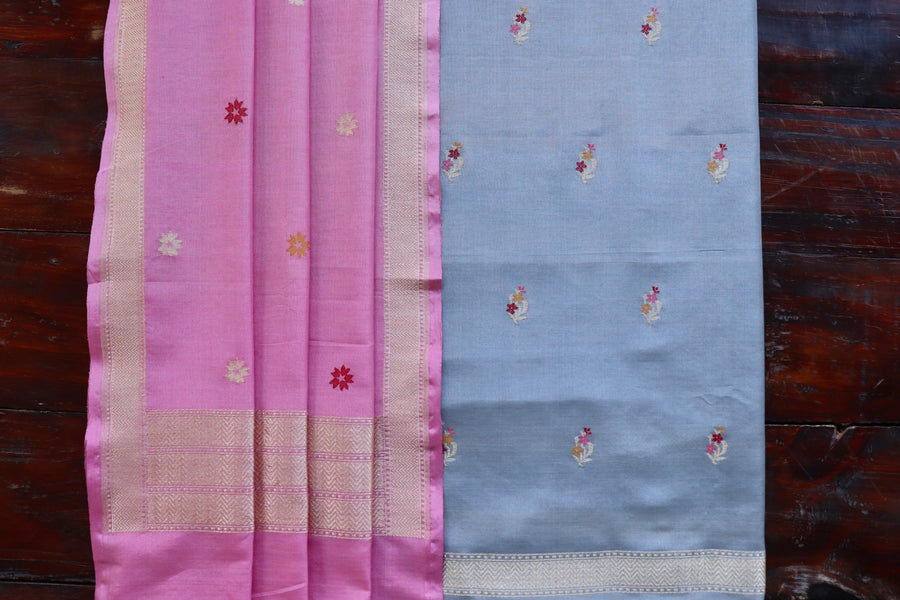 Grey and Pink Green Meenakari Buti Banarasi Silk By Cotton Suit Set