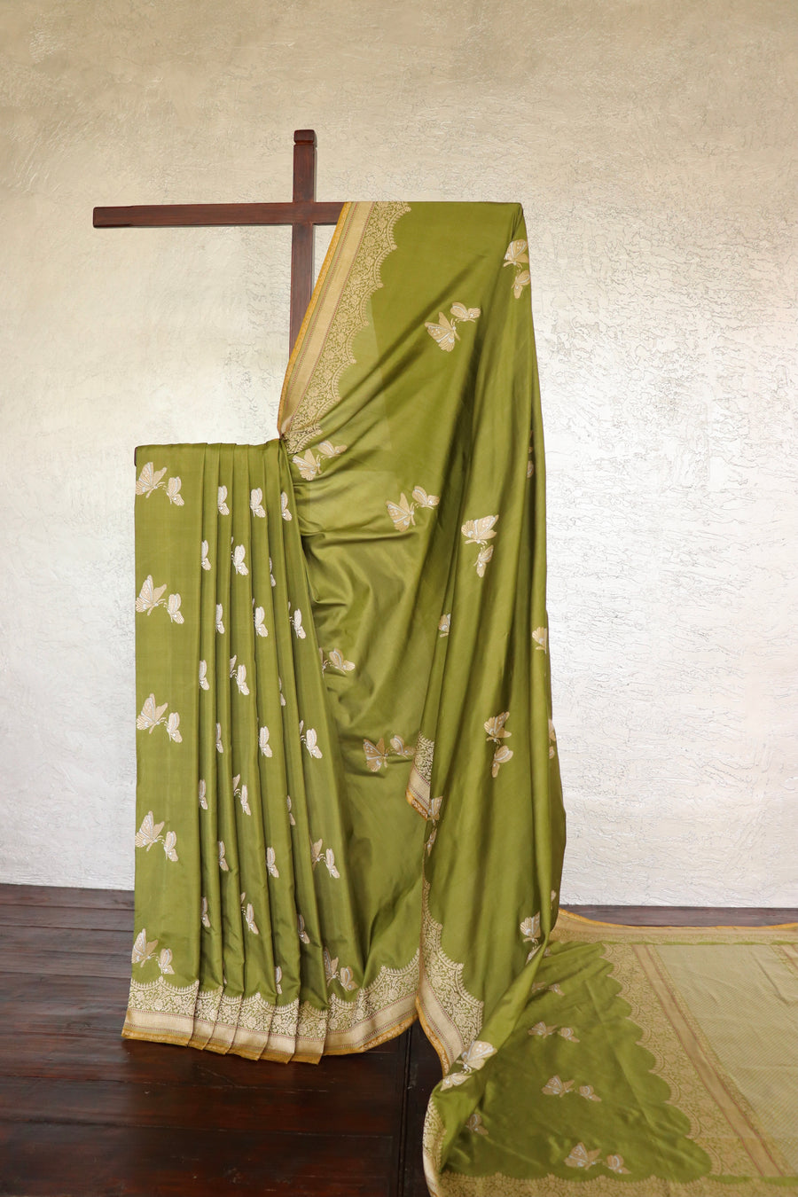 Olive Butterfly Buti Banarasi Katan Silk Handwoven Saree