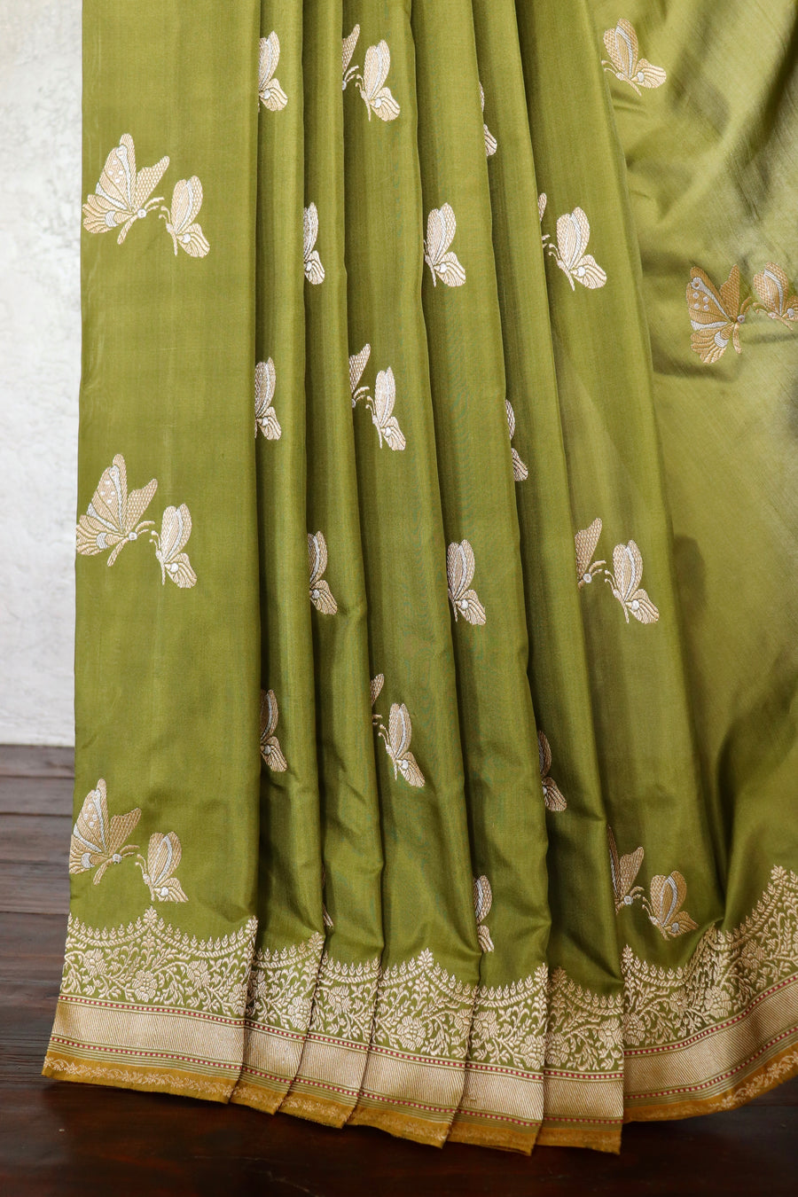 Olive Butterfly Buti Banarasi Katan Silk Handwoven Saree