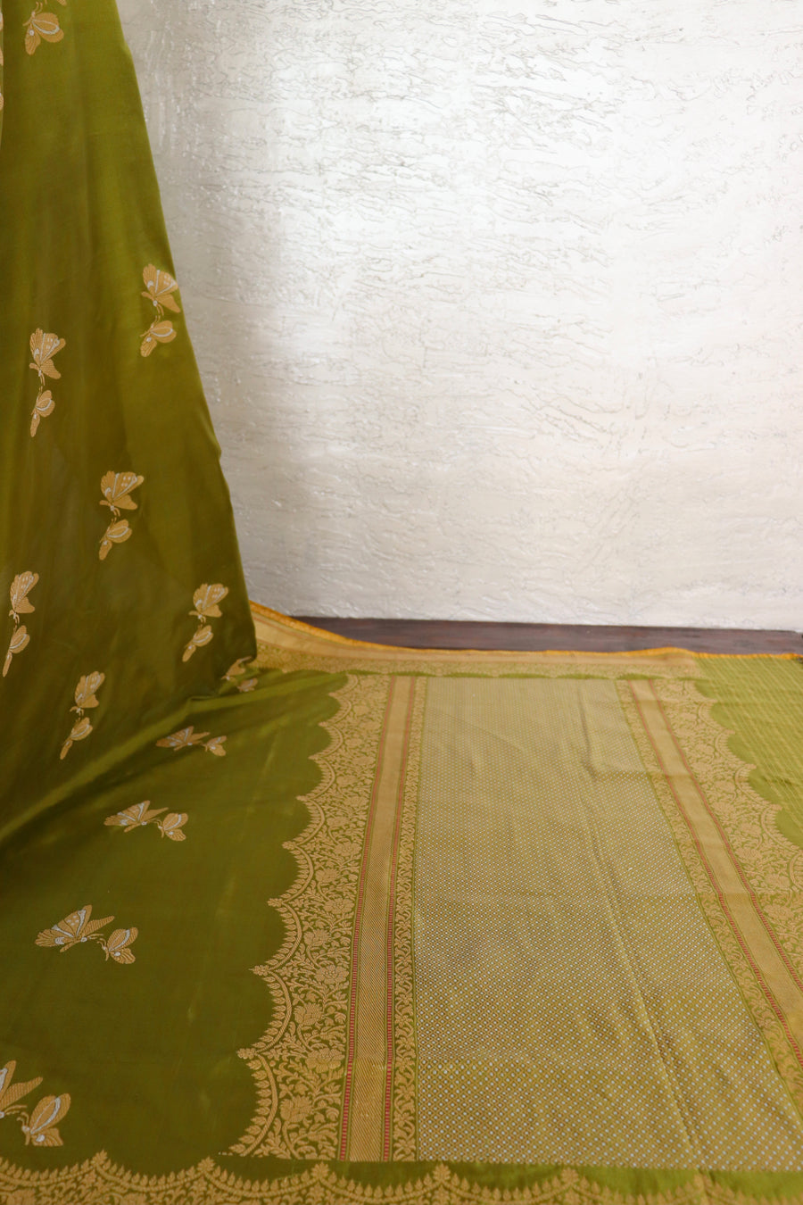 Olive Butterfly Buti Banarasi Katan Silk Handwoven Saree