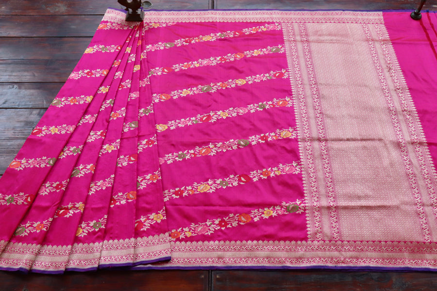 Pink Aada Jangla Pure Silk Banarasi Saree
