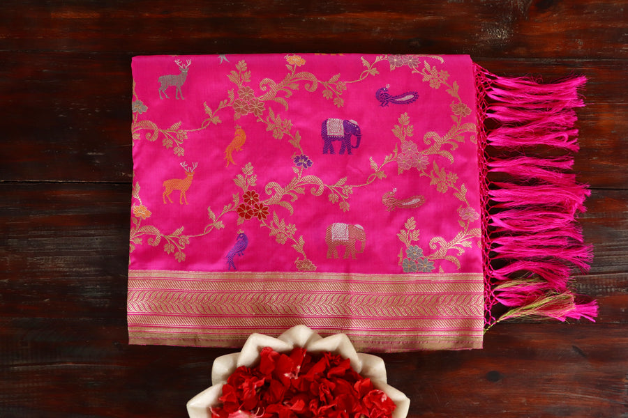 Rani Pink handloom Banarsi saree with kadhua motifs in pure silk