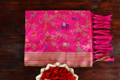 Rani Pink handloom Banarsi saree with kadhua motifs in pure silk