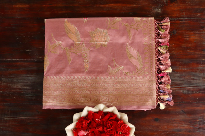 Dusty Rose handloom Banarsi saree with kadhua motifs in pure silk