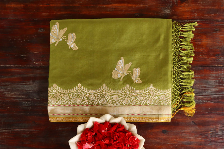Teal Leaf Motif Pure Silk Handloom Banarasi Dupatta – view 12