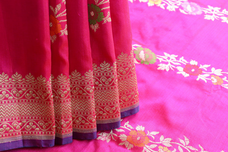 Pink Aada Jangla Pure Silk Banarasi Saree