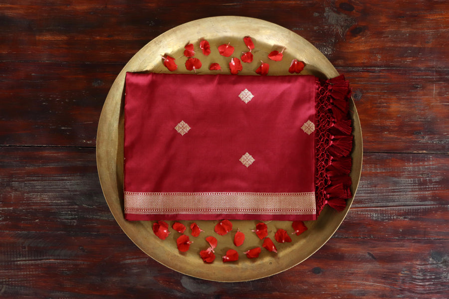 Maroon handloom Banarsi dupatta with buti motifs in pure silk
