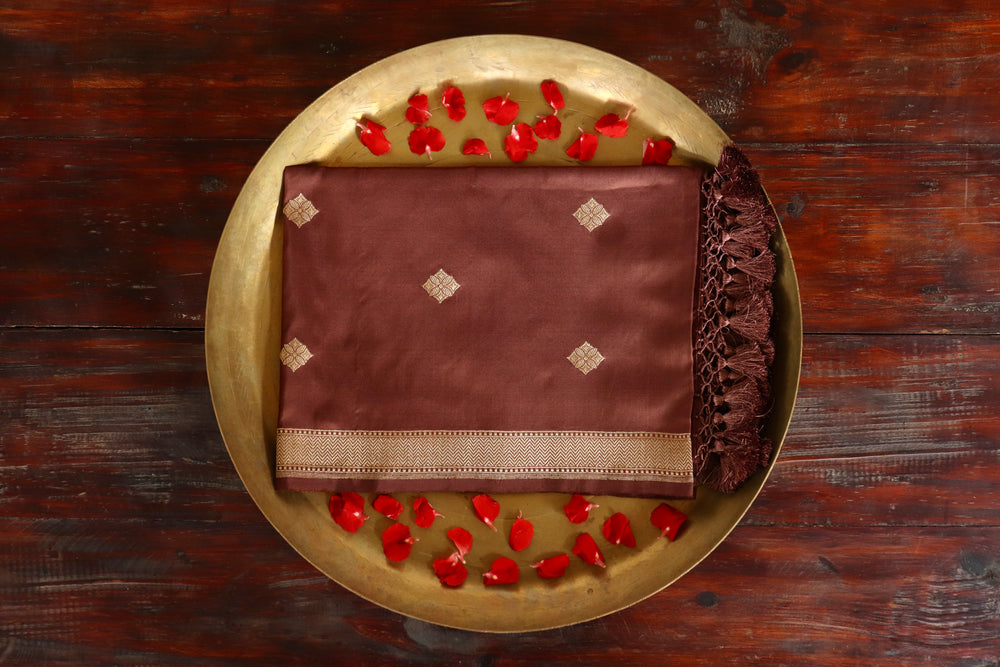 Brown handloom Banarsi dupatta with buti motifs in pure silk