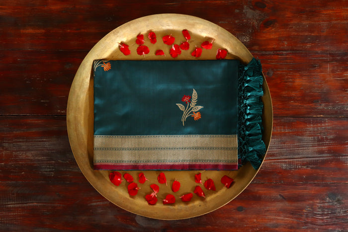 Teal Leaf Motif Pure Silk Handloom Banarasi Dupatta