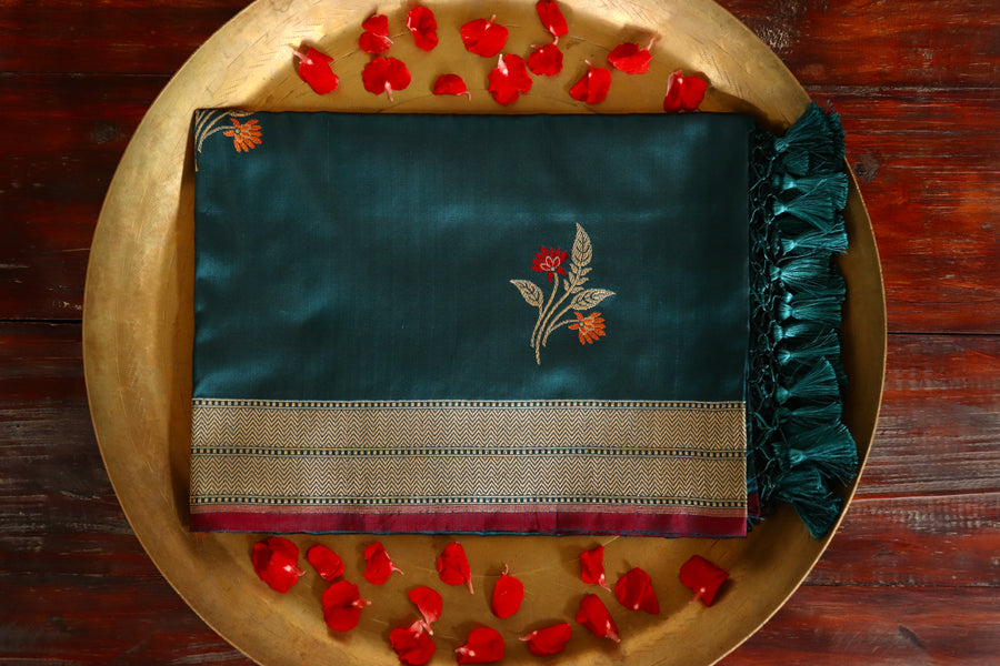 Teal Leaf Motif Pure Silk Handloom Banarasi Dupatta – view 6