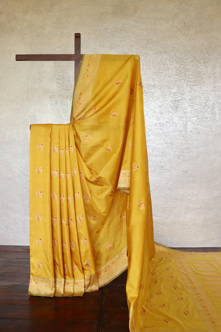 Mustard Parrot Bird Motif Kadhua Pure Silk Handloom Banarasi Saree