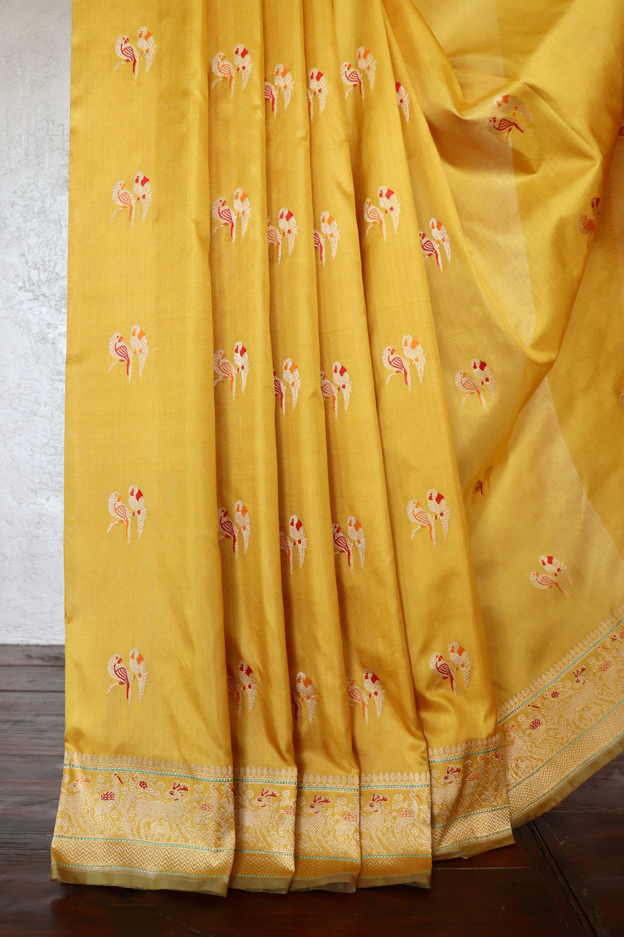 Mustard Parrot Bird Motif Kadhua Pure Silk Handloom Banarasi Saree