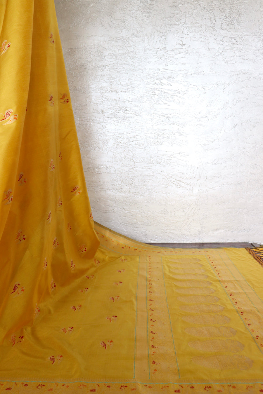 Mustard Parrot Bird Motif Kadhua Pure Silk Handloom Banarasi Saree
