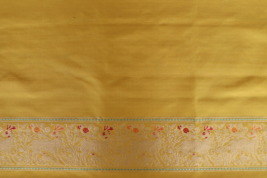 Mustard Parrot Bird Motif Kadhua Pure Silk Handloom Banarasi Saree