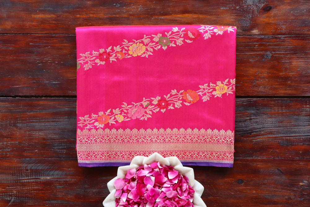 Pink handloom Banarsi saree with jangla motifs in pure silk