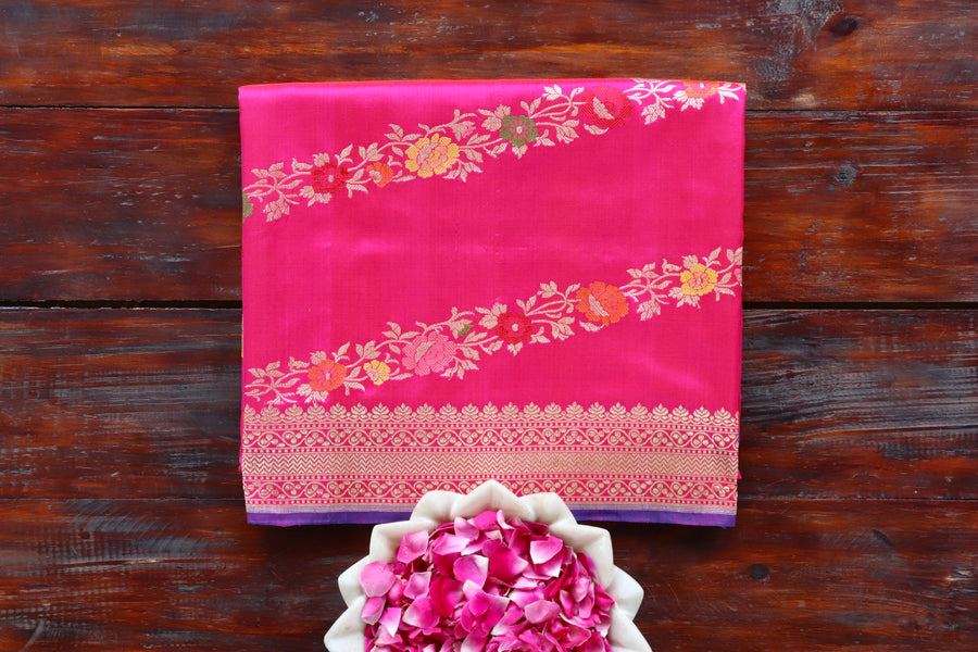 Pink handloom Banarsi saree with jangla motifs in pure silk