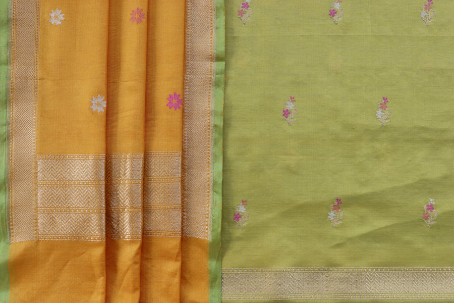 Yellow and Lime Green Meenakari Buti Banarasi Silk By Cotton Suit Set – view 6