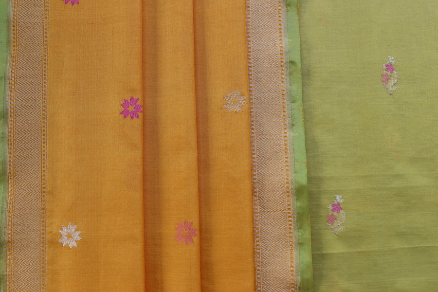Yellow and Lime Green Meenakari Buti Banarasi Silk By Cotton Suit Set – view 7