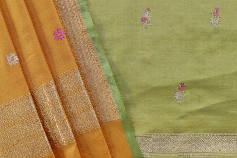 Yellow and Lime Green Meenakari Buti Banarasi Silk By Cotton Suit Set – view 2