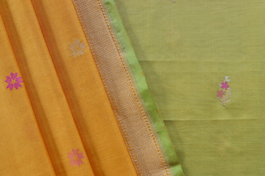 Yellow and Lime Green Meenakari Buti Banarasi Silk By Cotton Suit Set – view 3