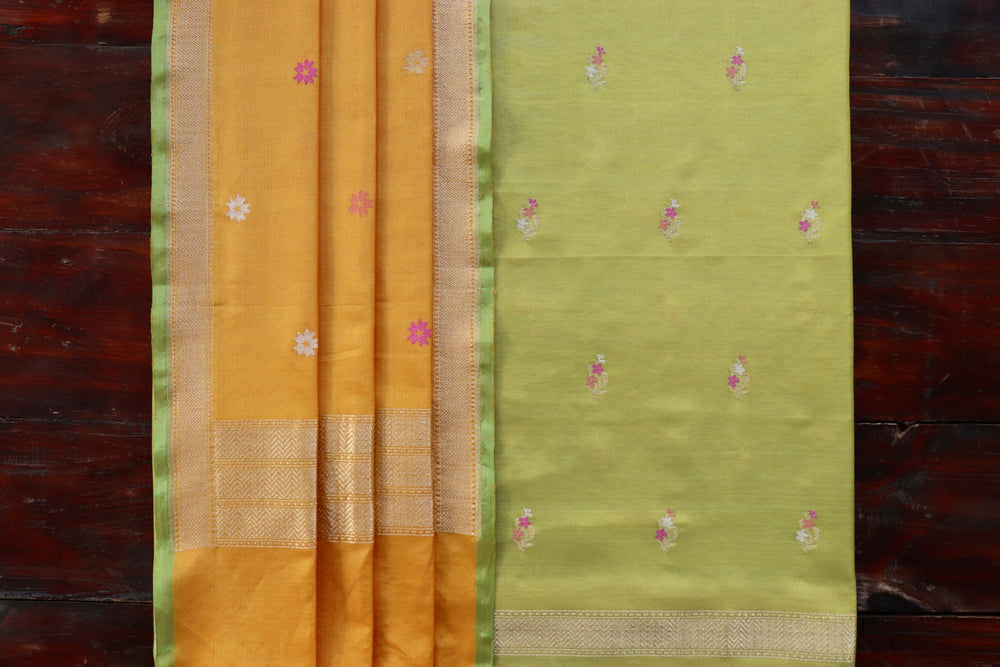 Lime green handloom Banarsi suit set with buti motifs in silk by cotton