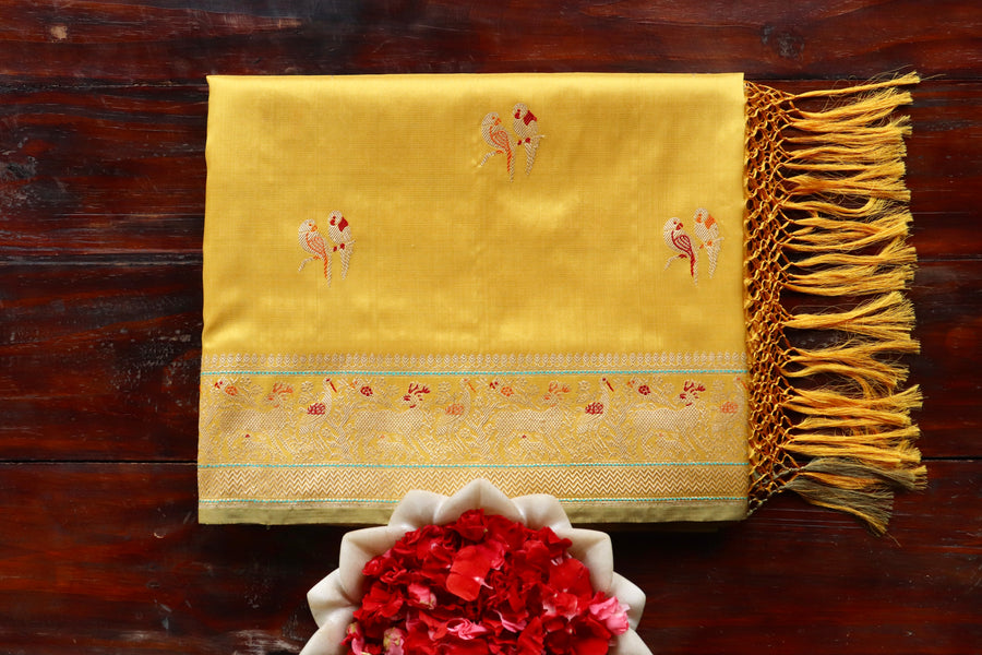 Mustard handloom Banarsi saree with kadhua motifs in pure silk