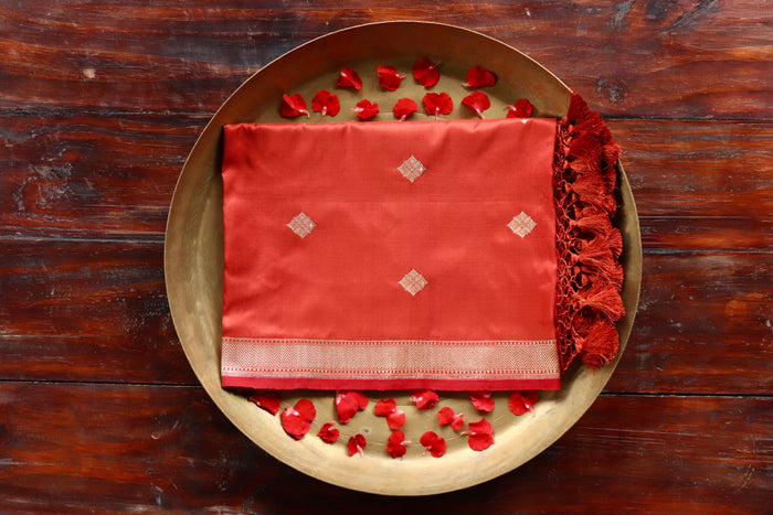 Rust handloom Banarsi dupatta with buti motifs in pure silk