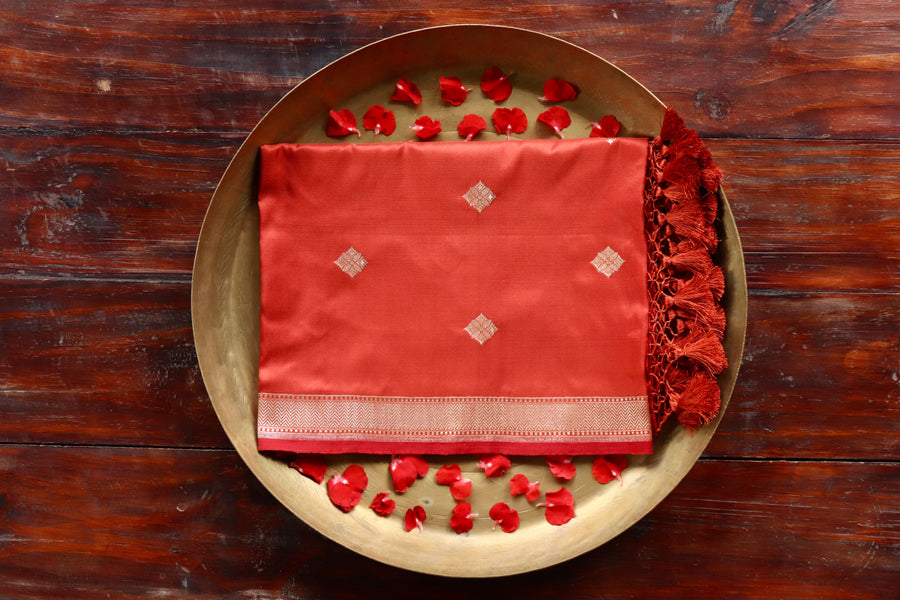 Rust handloom Banarsi dupatta with buti motifs in pure silk