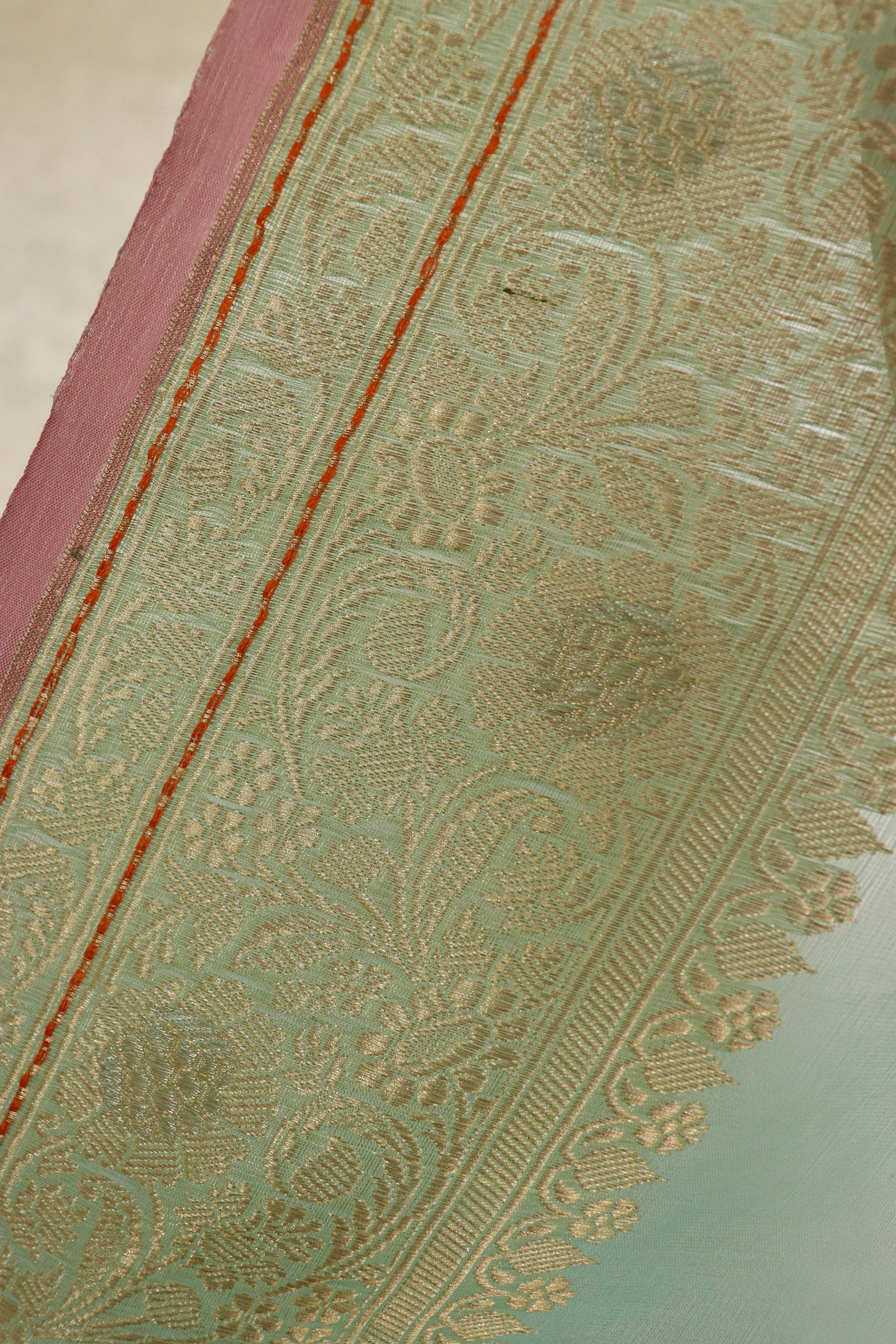 A close-worked zari jaal on a mint-green silk ground, photographed at the border