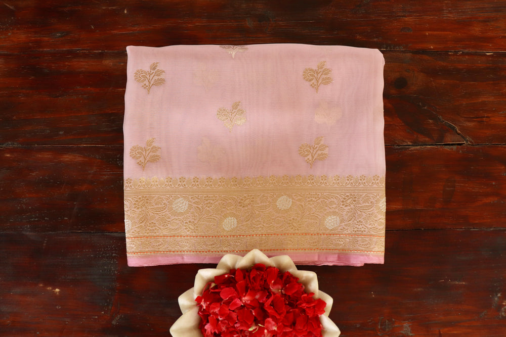 Blush Floral Booti Handloom Banarasi Organza Silk Saree