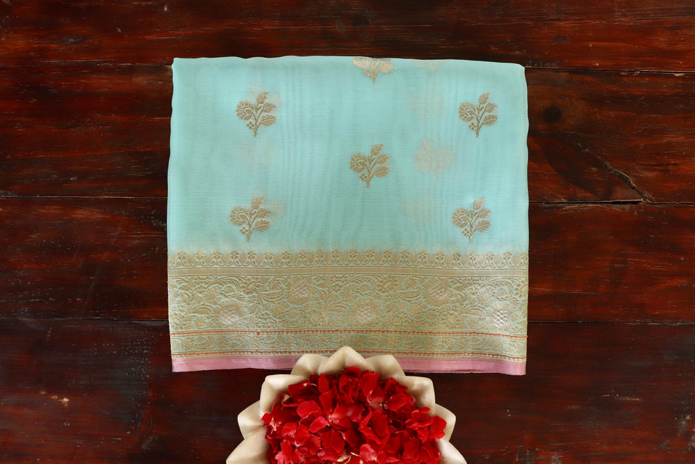 Aqua Floral Booti Handloom Banarasi Organza Silk Saree