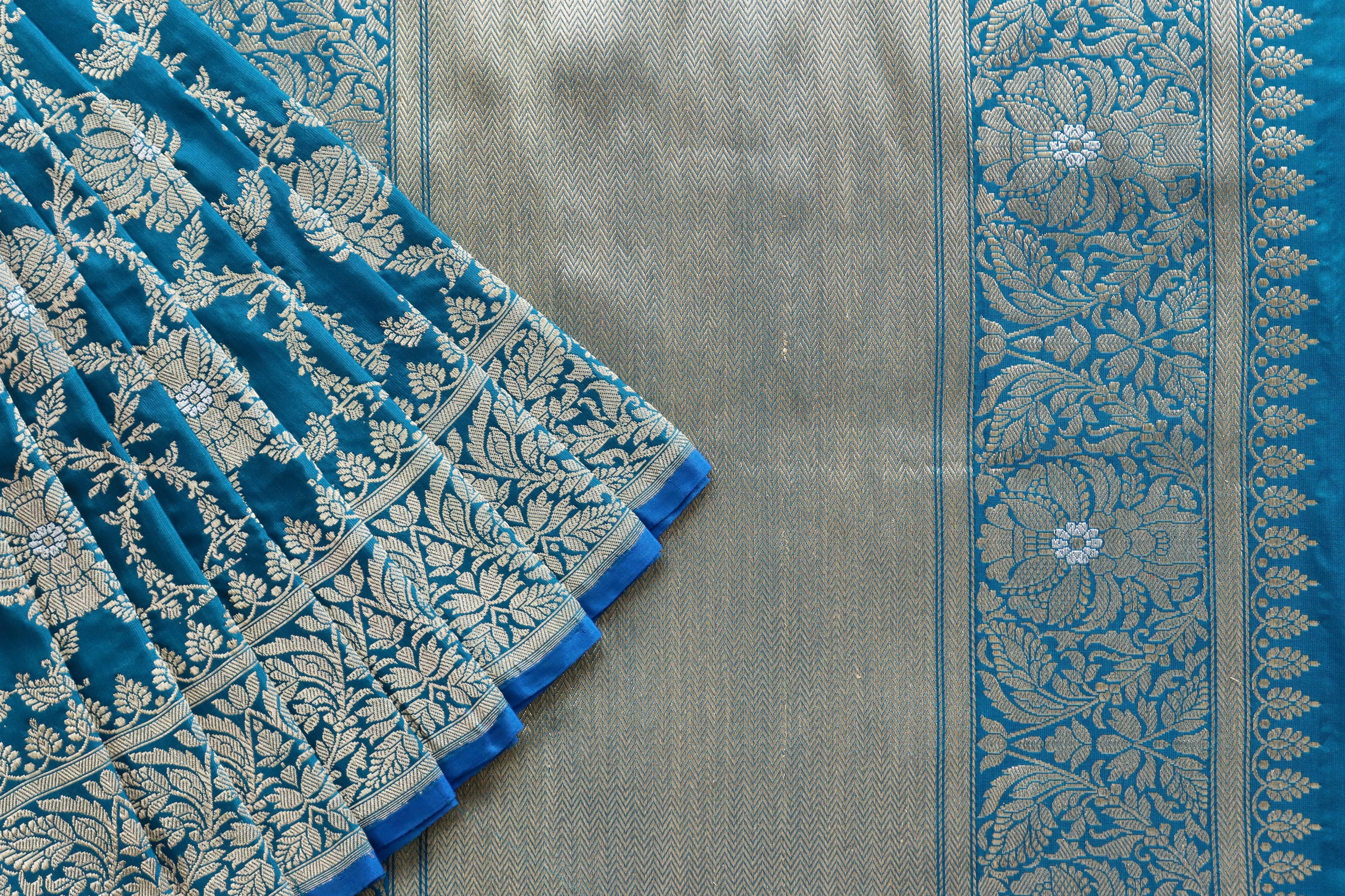 Peacock Blue Jangla Pure Silk Handloom Banarasi Saree