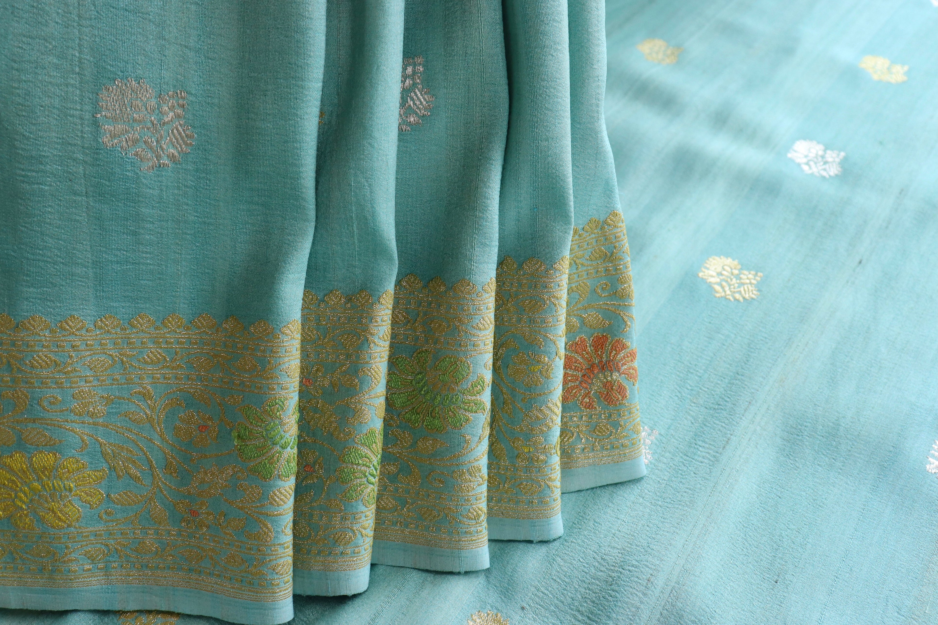 Baby Blue Phool Motif Tusser Silk Handloom Saree