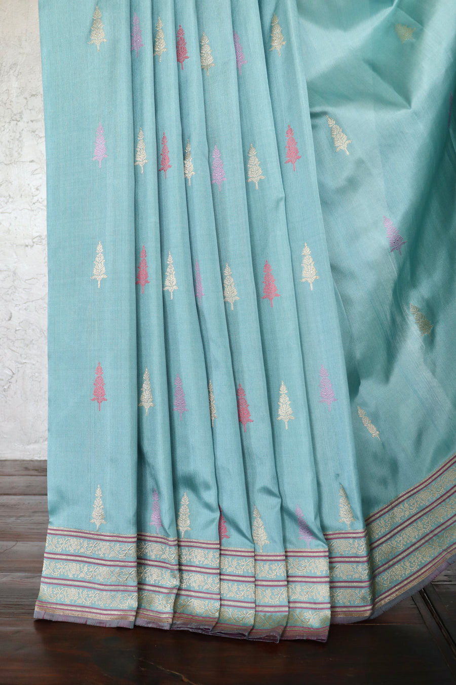 Sea Blue Cypress Motif Pure Silk Handloom Banarasi Saree