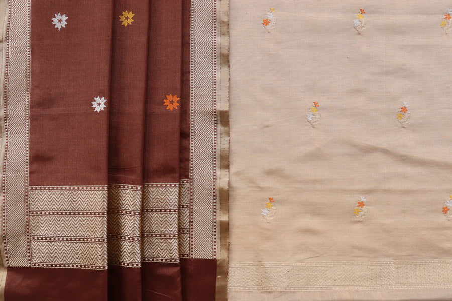 Ivory and Brown Meenakari Buti Banarasi Silk By Cotton Suit Set