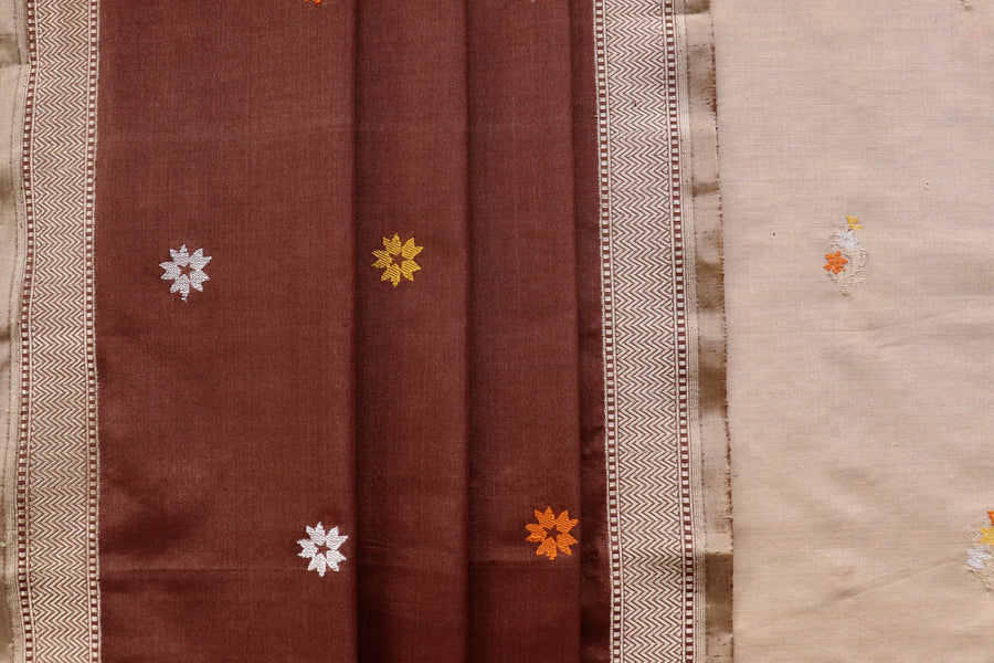 Ivory and Brown Meenakari Buti Banarasi Silk By Cotton Suit Set
