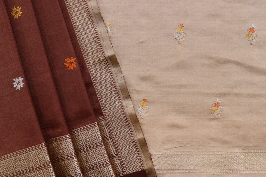 Ivory and Brown Meenakari Buti Banarasi Silk By Cotton Suit Set