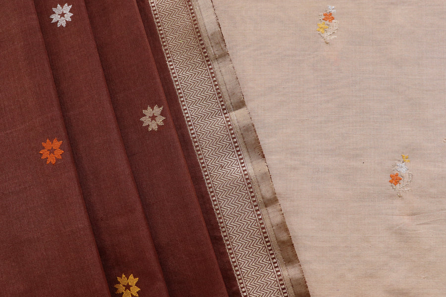 Ivory and Brown Meenakari Buti Banarasi Silk By Cotton Suit Set