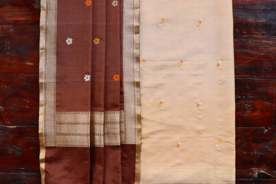 Ivory handloom Banarasi suit set with buti motifs in silk by cotton