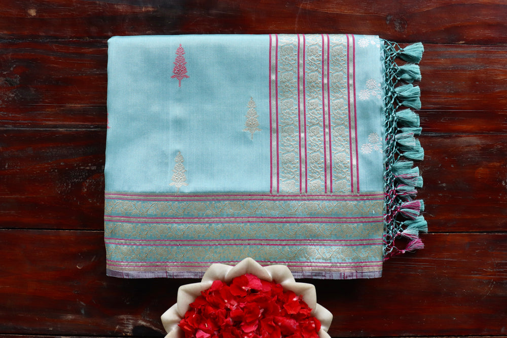 Blue handloom Banarsi saree in pure silk