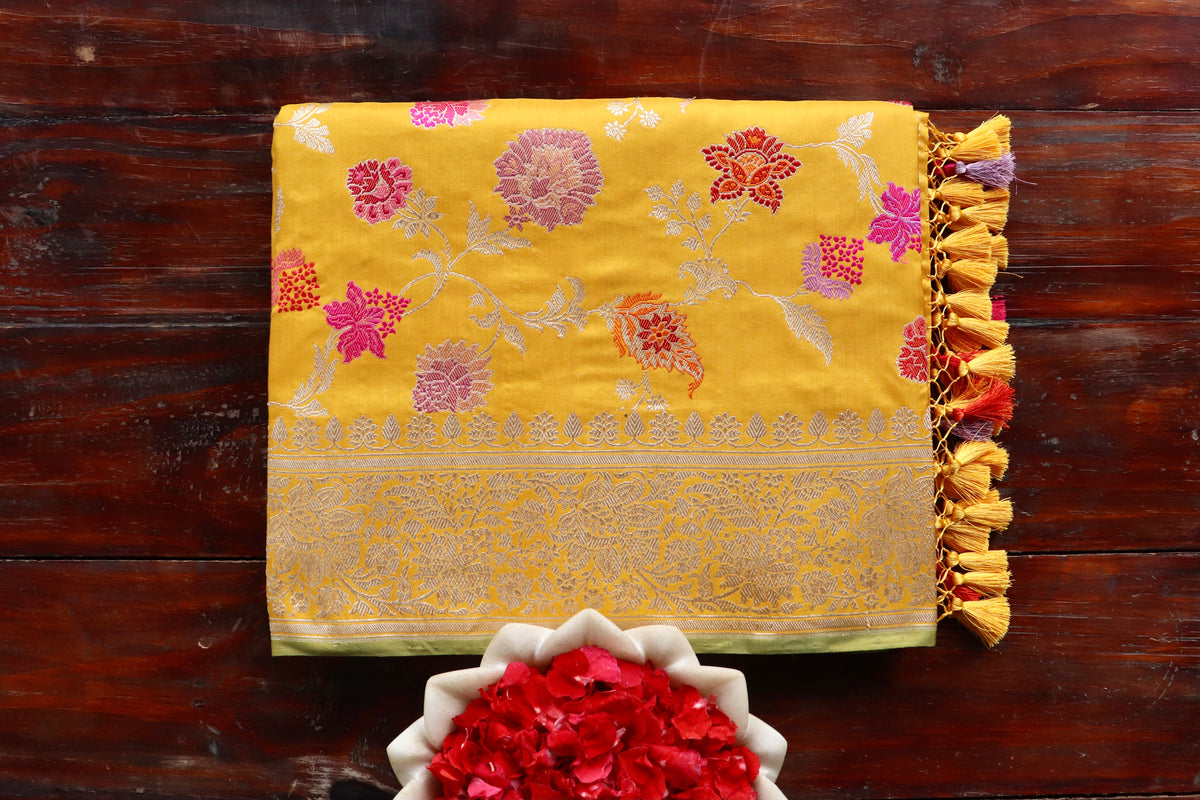 Yellow handloom Banarsi saree with kimkhab motifs in pure silk