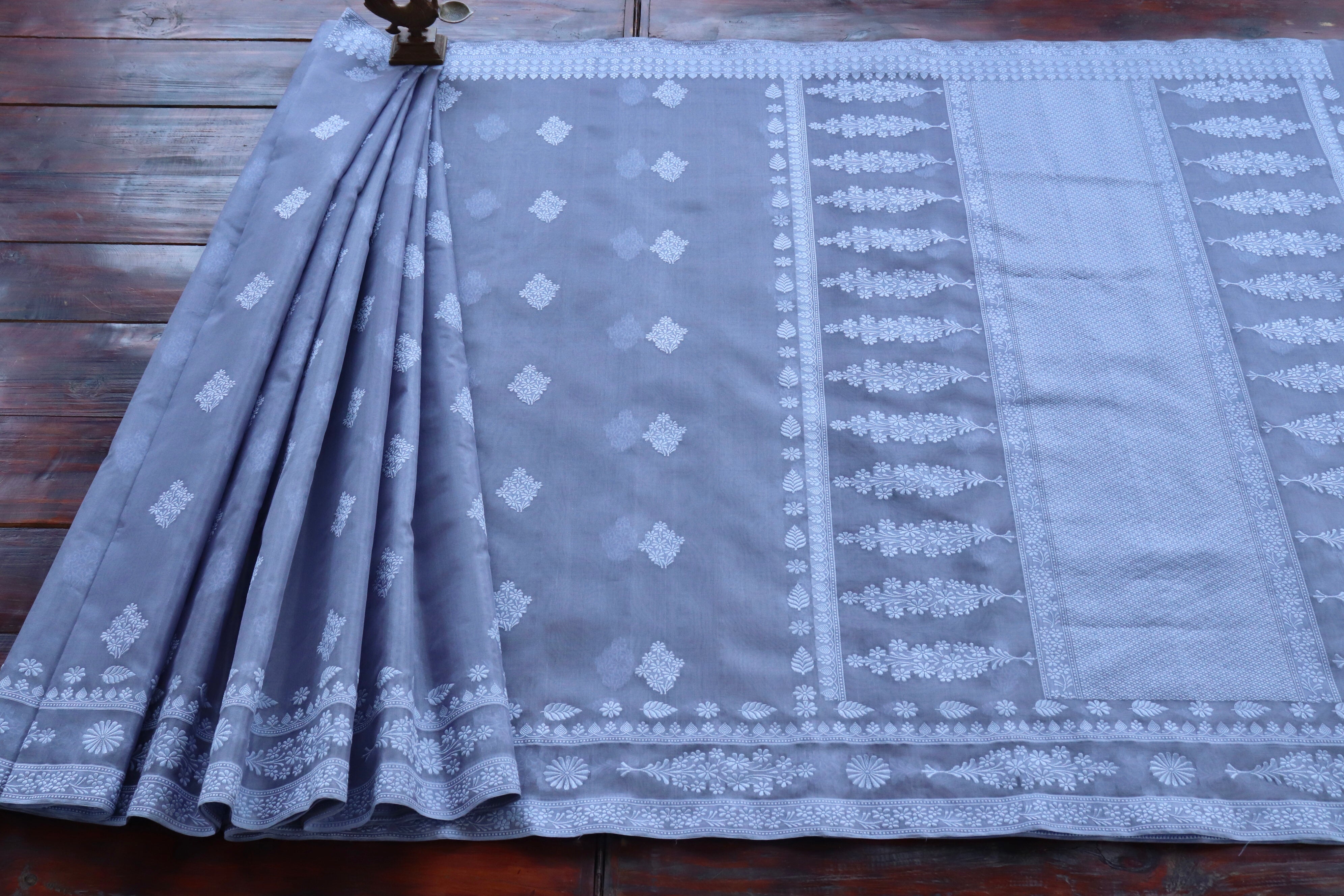Slate Grey Resham Kadhua Pure Kora Silk Handloom Saree