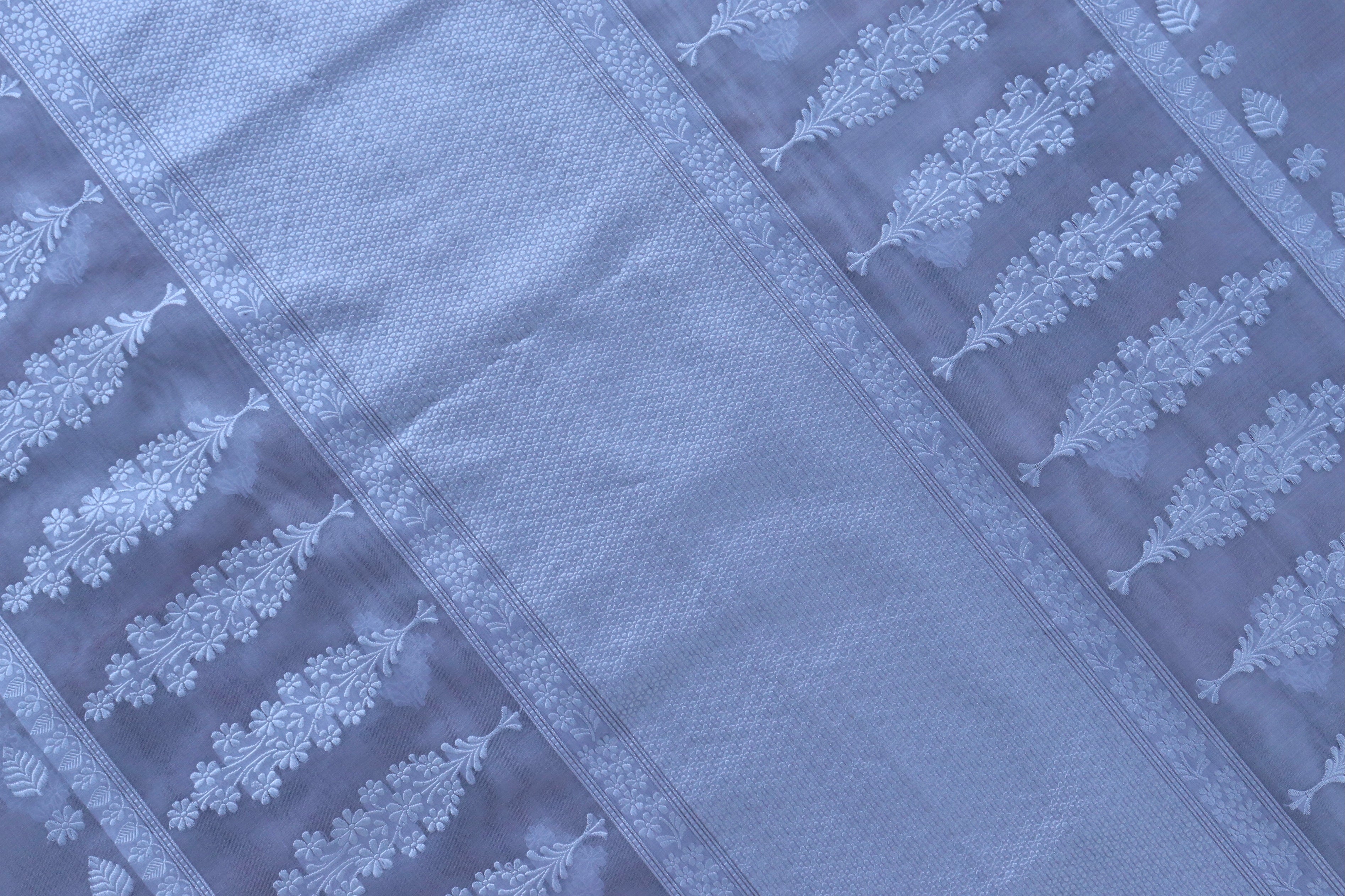Slate Grey Resham Kadhua Pure Kora Silk Handloom Saree