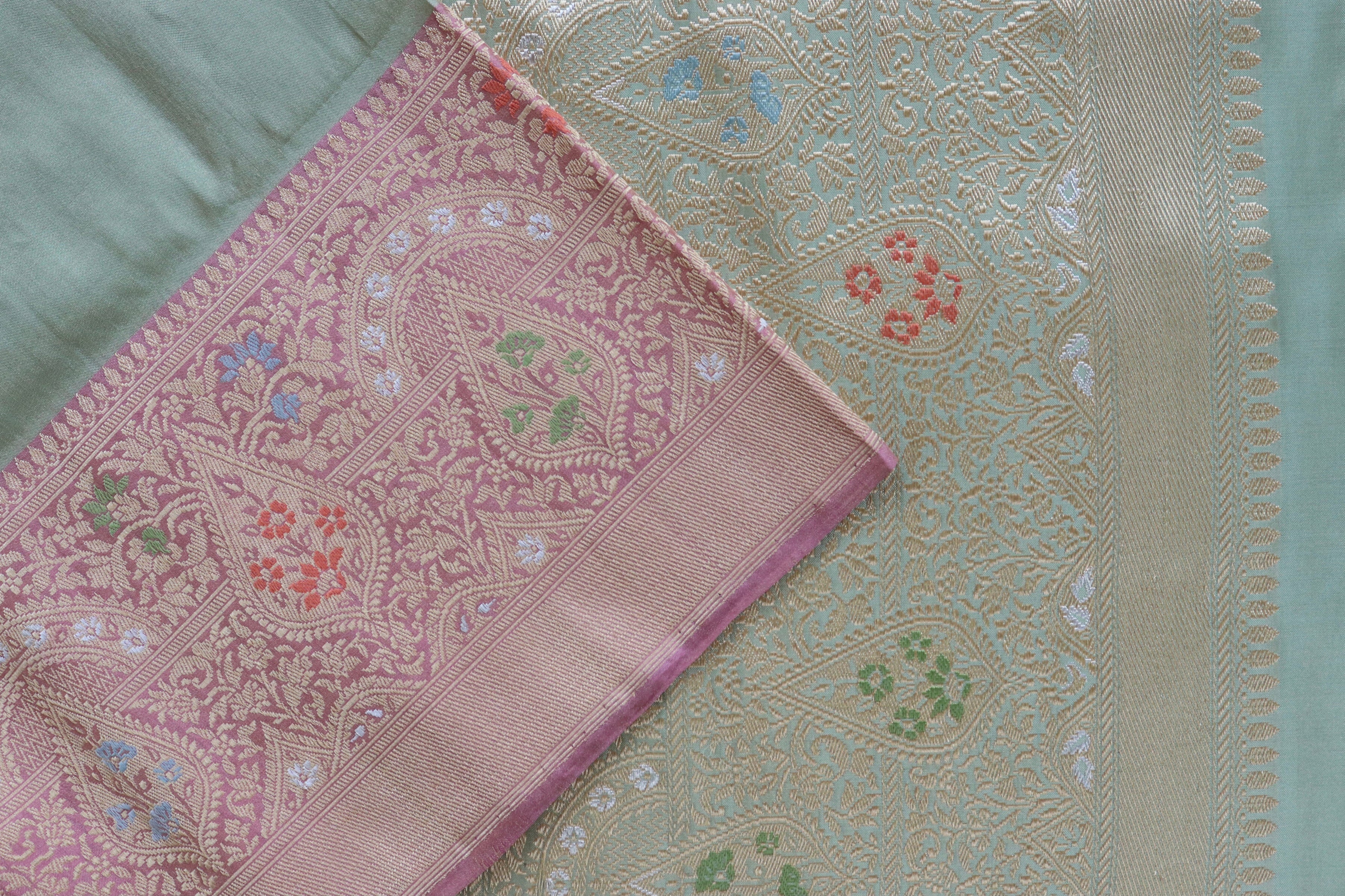 Pale Blue & Pink Tissue With Meenadar Silk Kadiyal Banarasi Saree