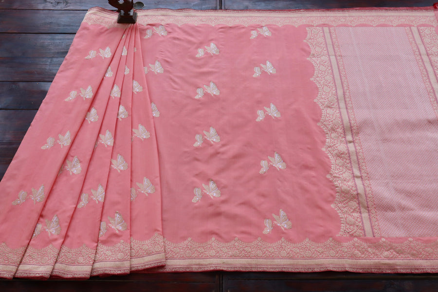 Border close-up on Rose Butterfly Banarasi saree