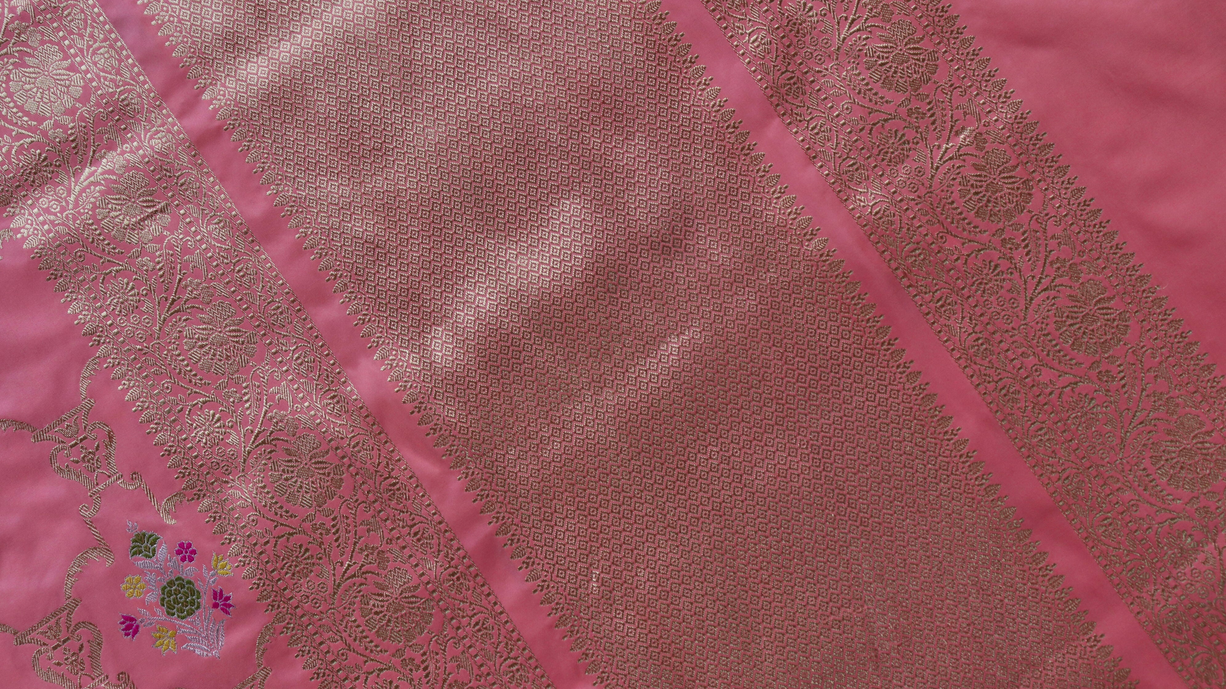 Handloom, Banarasi Handloom Saree, Alfi Saree, Tilfi Saree, Tilfi Saree Banaras, Tilfi, Banarasi Bunkar, Banarasi Bridal Wear, BridalWear, Banarasi Handloom Banarasi Soft Pink Meenadar Pure Silk Banarasi Handloom Saree Banarasi Saree