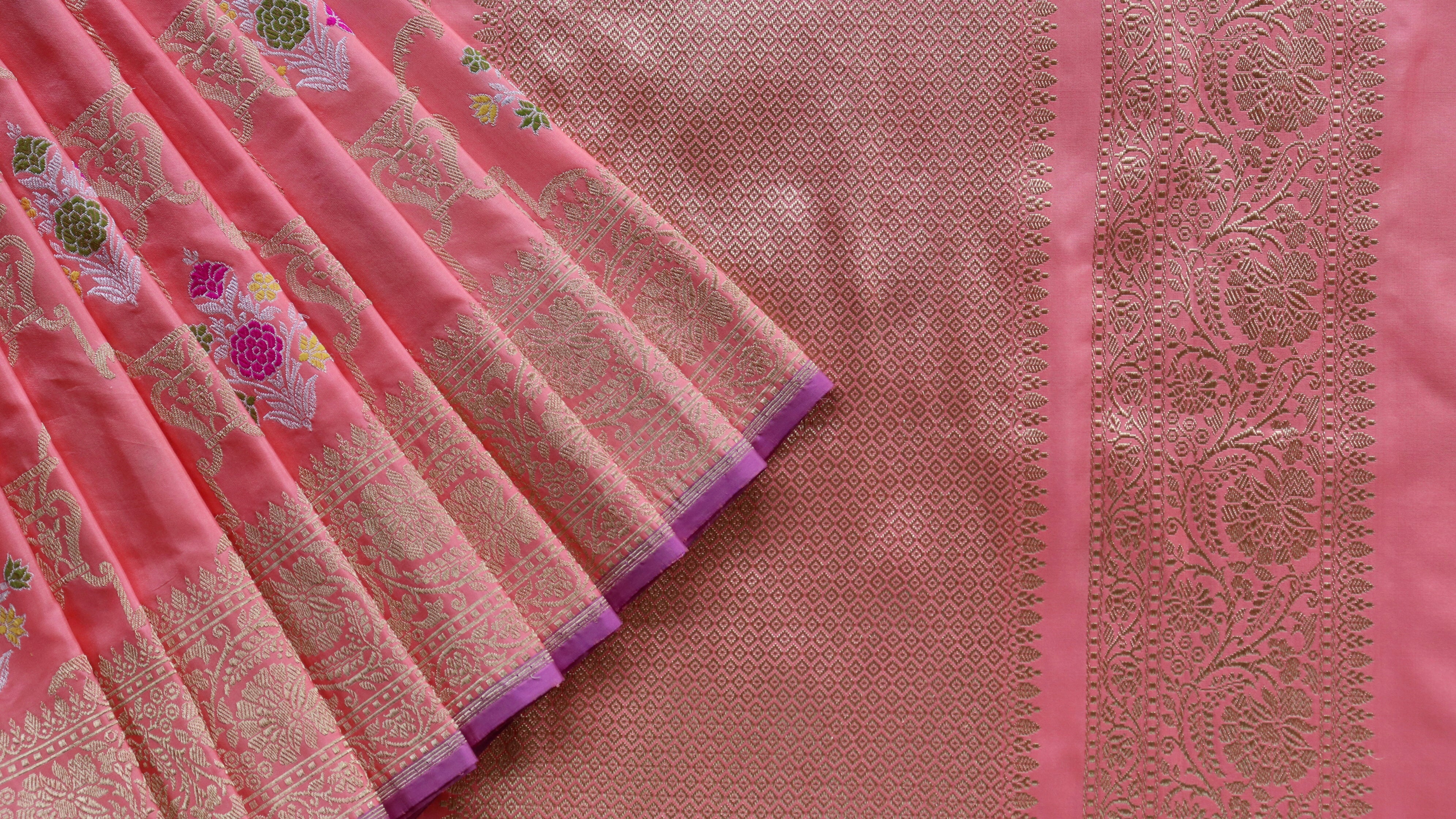 Handloom, Banarasi Handloom Saree, Alfi Saree, Tilfi Saree, Tilfi Saree Banaras, Tilfi, Banarasi Bunkar, Banarasi Bridal Wear, BridalWear, Banarasi Handloom Banarasi Soft Pink Meenadar Pure Silk Banarasi Handloom Saree Banarasi Saree
