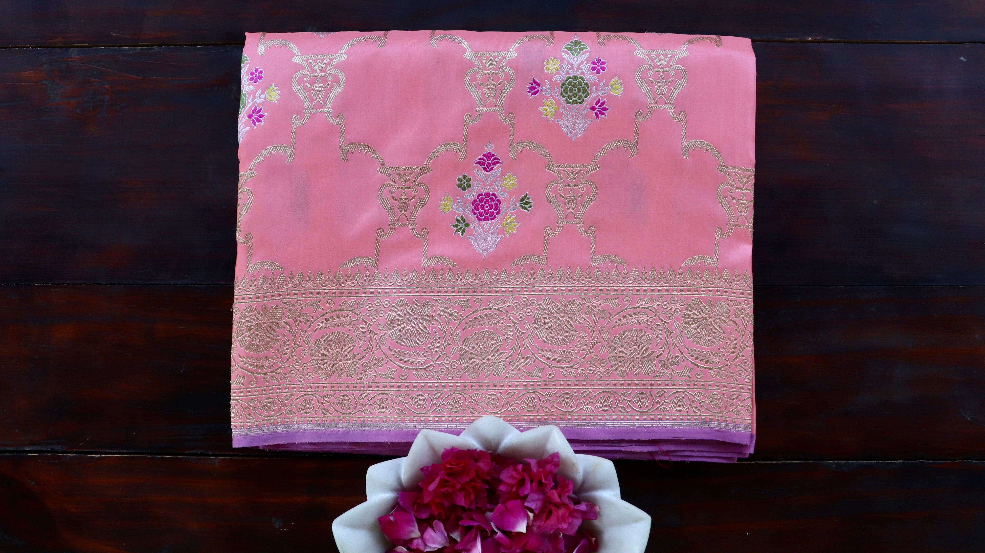 Handloom, Banarasi Handloom Saree, Alfi Saree, Tilfi Saree, Tilfi Saree Banaras, Tilfi, Banarasi Bunkar, Banarasi Bridal Wear, BridalWear, Banarasi Handloom Banarasi Soft Pink Meenadar Pure Silk Banarasi Handloom Saree Banarasi Saree